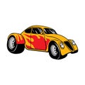 Cartoon yellow retro hot rod with fire on Board isolated on white background. Template for poster, banner, print for t-shirt, Royalty Free Stock Photo