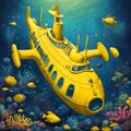 Cartoon of a yellow submarine into deep sea. Royalty Free Stock Photo