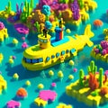 Cartoon of a yellow submarine rising from the sea. Royalty Free Stock Photo