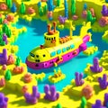 Cartoon of a yellow submarine rising from the sea. Royalty Free Stock Photo