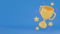 Cartoon yellow winner cup with stars and confetti on blue background. Trophy awards. 3D rendering.