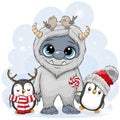 Cartoon Yeti with two penguins on the snow background