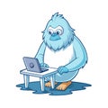 Cartoon Yeti Using Laptop on Small Table Illustration Royalty Free Stock Photo