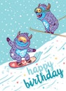 Cartoon Yetis skiing and lettering happy birthday. Vector illustration