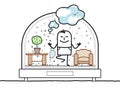 Cartoon Yoga man, Contained in a Snow-Dome, with his Living-room, dreaming of fresh Air
