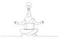 Cartoon of yoga muslim businesswoman in total concentration with laptop. Continuous line art Royalty Free Stock Photo