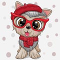 Cartoon yorkshire terrier in red beret with red glasses