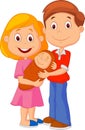 Cartoon Young adult couple tenderly embracing their baby