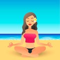 Cartoon young beautiful girl on beach practicing yoga. Flat vector women meditates and relaxes. Physical and spiritual