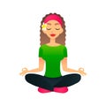 Cartoon young beautiful girl practicing yoga in a lotus pose. Flat women meditates and relaxes. Physical and spiritual ther