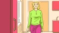 Cartoon Young blonde woman in light green sweater is walking to the red refrigerator in the kitchen