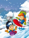 Cartoon young boy and girl doing freestyle slide snowboard Royalty Free Stock Photo