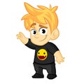 Cartoon young boy rock-n-roll fan. Vector illustration of cute blond teenager in black clothes. Icon.