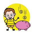 Cartoon Young Boy saving money in piggy bank