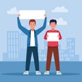 Cartoon young boys protestating holding blank sign Royalty Free Stock Photo