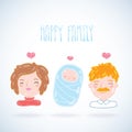 Cartoon young family. Mother, father, baby.