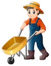 Cartoon young farmer pushing a wheelbarrow Royalty Free Stock Photo