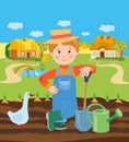 Cartoon Young Farmer Working In The Farm. Village Landscape. Vector Illustration. Royalty Free Stock Photo