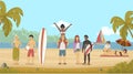 Cartoon young friends on beach. Summer holidays. Royalty Free Stock Photo