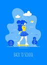 Cartoon young girl with backpack on a skateboard rides on the road. Back to school vector banner
