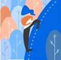 Cartoon young girl climbing a mountaim surrounded by forrest. Vector flat character woman as alpinist
