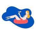 Cartoon Young girl relax in lifebuoy with cocktail