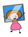 Cartoon Young Lady looking from glass frame