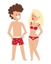 Cartoon young lovers couple valentine day signs nude date man and woman fall in love vector illustration.