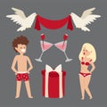 Cartoon young lovers couple valentine day signs nude date man and woman fall in love vector illustration.