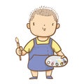 Cartoon of young male artist wear blue apron holding paintbrush and palette