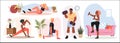 Cartoon young male and female characters training in living room, active healthy squat, plank and dumbbell steps of