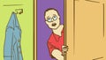 Cartoon Young Man In Glasses Opening A Door And Looking Into A Room