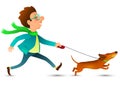 Cartoon young man in glasses running with his funny happy dachshund Royalty Free Stock Photo