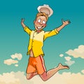 Cartoon young man in a hat joyously jumping Royalty Free Stock Photo