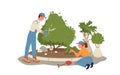 Cartoon young man woman gardener characters working and gardening, holding garden tools scissors shovel, tree sapling