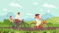 Cartoon young mother, father and son in helmet travel on bicycles, healthy leisure and vacation of cyclists. Happy