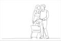 Cartoon of young mother and father walking outdoors with baby in stroller. Single continuous line art style Royalty Free Stock Photo