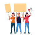 Cartoon young people protestating with blank signs and megaphone, colorful design Royalty Free Stock Photo