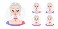 Cartoon young pretty girl avatar set. Beaulifull blue eyed doll with face expressions. Princess with crystal necklate Royalty Free Stock Photo