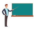 Cartoon young profesor, teacher man at blackboard teaching children in school classroom vector illustration