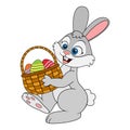 Cartoon young Rabbit carrying basket full of decorated Easter eggs. Cartoon character Easter Hare. Template design element Royalty Free Stock Photo