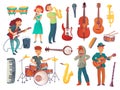 Cartoon young singers with microphones and musician characters w