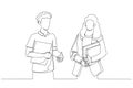 Cartoon of young students discussing something on the way to the class. Single line art style