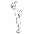 Cartoon young white woman with a sore back in a tracksuit. White background isolated outline illustration