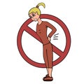Cartoon young white woman with a sore back in a tracksuit. ban sign. White background isolated illustration
