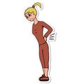 Cartoon young white woman with a sore back in a tracksuit sticker. White background isolated illustration