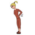 Cartoon young white woman with a sore back in a tracksuit. White background isolated illustration