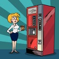 cartoon young woman with coffee in hand stands next to vending coffee machine