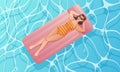 A cartoon young woman lying in a swimsuit on an air mattress wearing sunglasses on the surface of the water. Summer sea holiday Royalty Free Stock Photo
