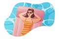 A cartoon young woman lying in a swimsuit on an air mattress wearing sunglasses on the surface of the water. Summer sea Royalty Free Stock Photo